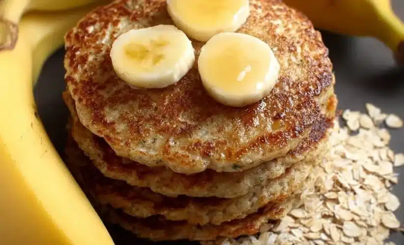 Delicious and healthy banana oatmeal pancakes stacked on a plate