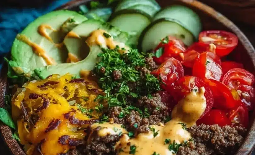 High-protein cheeseburger bowls with ground beef and burger sauce for a low-carb meal