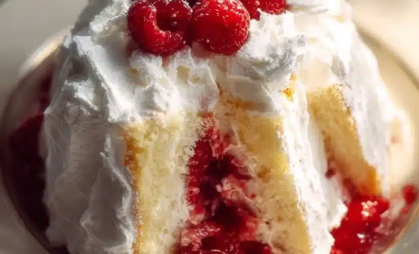 Homemade Raspberry and Cream Angel Food Cake