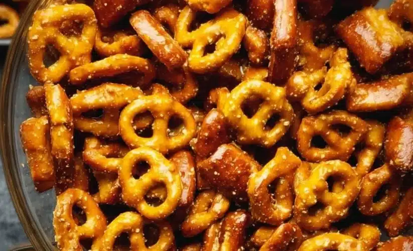 Crunchy honey mustard pretzel pieces in a bowl, perfect for snacking.