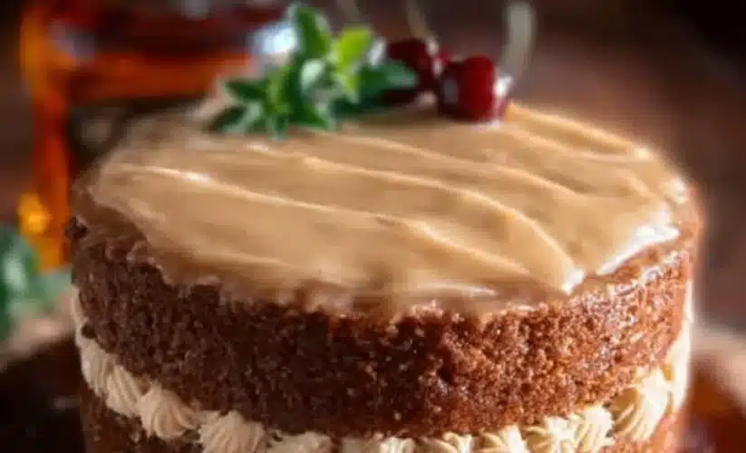 Slice of delicious homemade Irish Whiskey Cake topped with cream and chocolate shavings