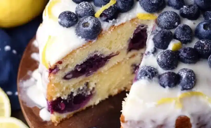 Delicious lemon blueberry cake topped with fresh blueberries