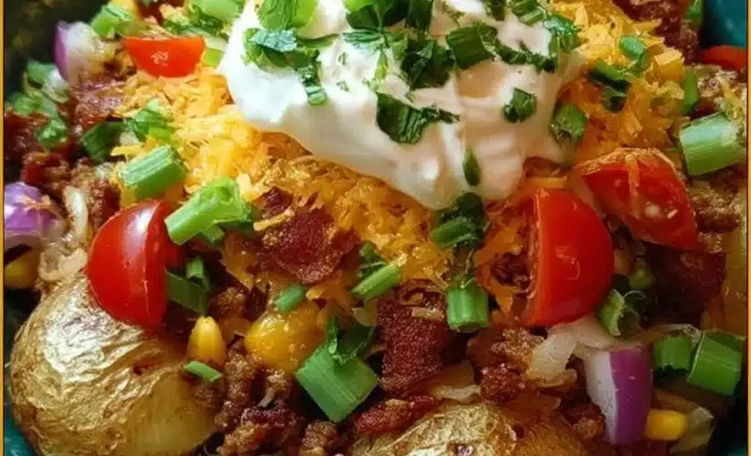 Delicious Loaded Potato Taco Bowl topped with fresh ingredients and spices.