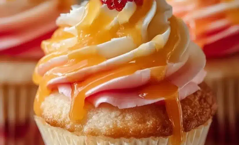 Mango Strawberry Sunset Cupcakes decorated with fresh fruits
