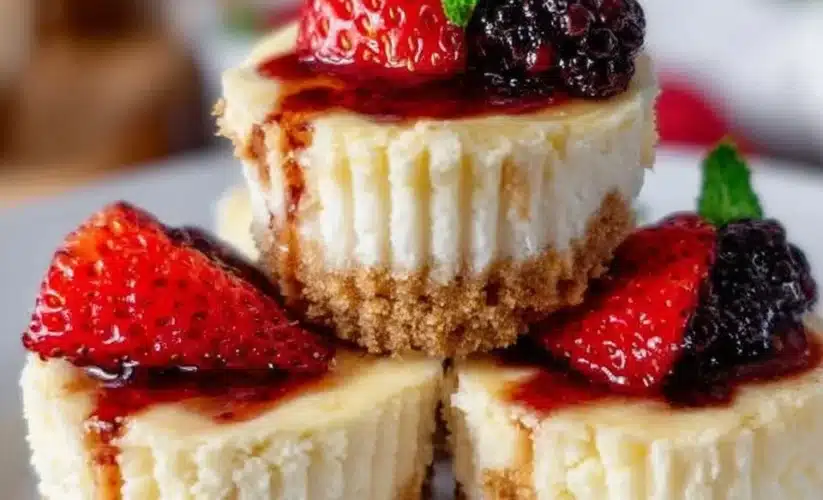 Mini protein cheesecakes topped with fresh berries on a plate