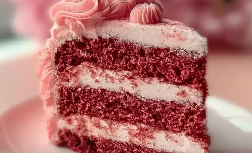 Delicious Mother's Day pink velvet cake with cream cheese frosting and decorative flowers.