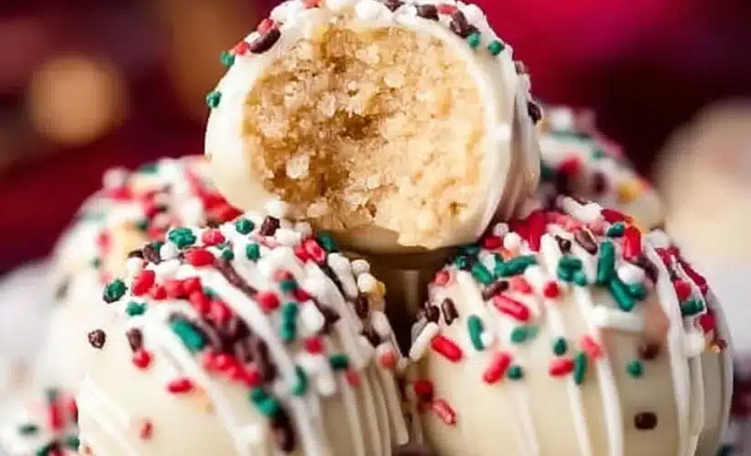 Delicious no-bake sugar cookie truffles topped with sprinkles