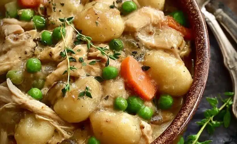 Delicious One Pot Gnocchi Chicken Pot Pie served in a rustic bowl with herbs