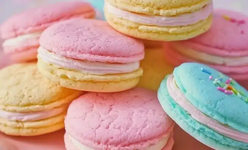 Pastel sugar cookie sandwiches filled with creamy frosting