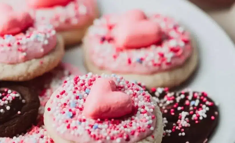 Heart-shaped Valentines cookies decorated with icing for a special celebration.