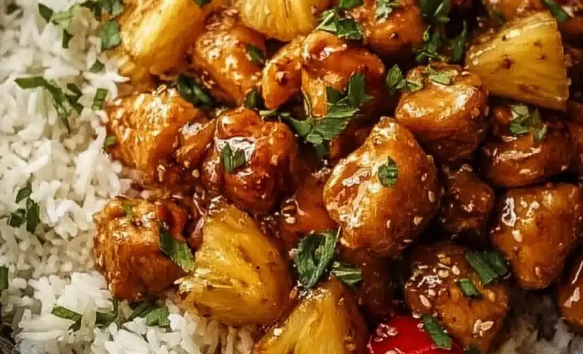 Delicious pineapple chicken served with rice, showcasing sweet and savory flavors.