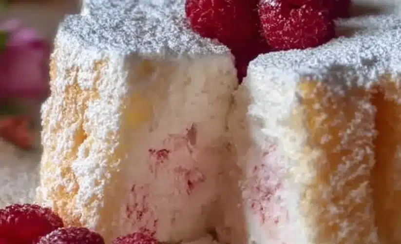 A slice of Raspberry Angel Food Cake topped with fresh raspberries and whipped cream.