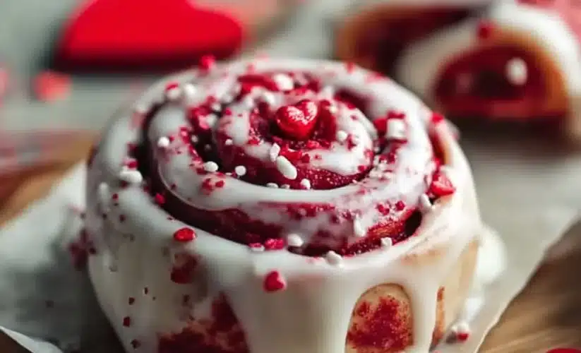 Red Velvet Valentine's Day cinnamon rolls topped with cream cheese frosting