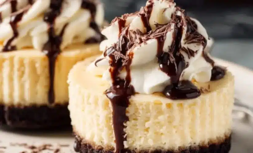 Mini Baileys Cheesecakes with chocolate and Irish cream toppings