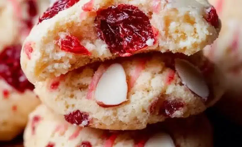 Soft cream cheese cherry almond cookies on a plate