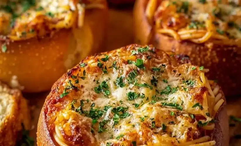 Spaghetti garlic bread bowls filled with savory spaghetti and crispy garlic bread.