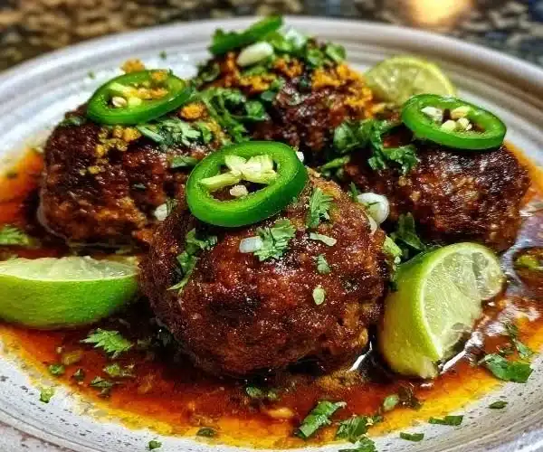 Delicious Spicy Mexican Donkey Balls served on a plate with garnishes