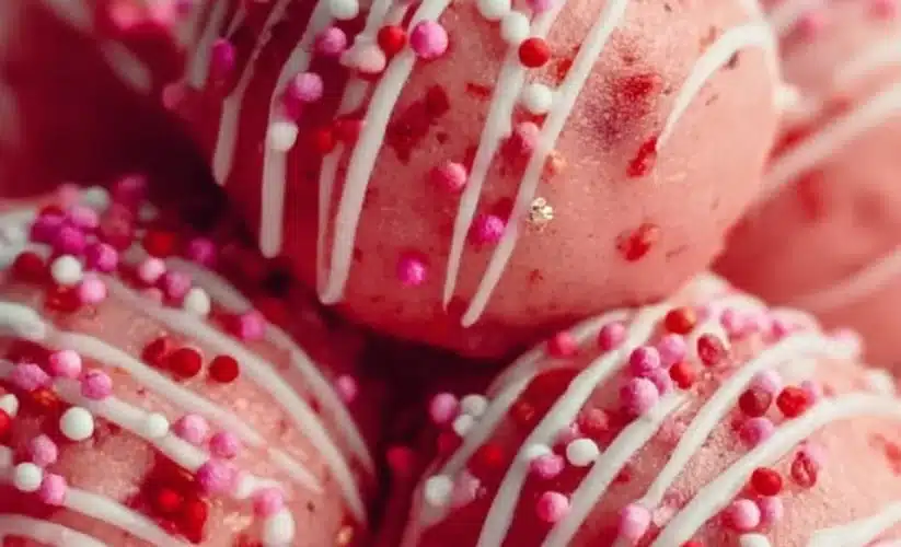 Delicious strawberry cake balls beautifully arranged on a platter.