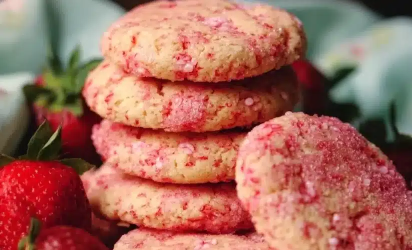 Freshly baked Strawberry Champagne Cookies with a light pink hue and sparkling sugar
