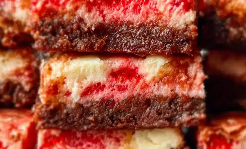 Delicious strawberry cheesecake brownies topped with fresh strawberries