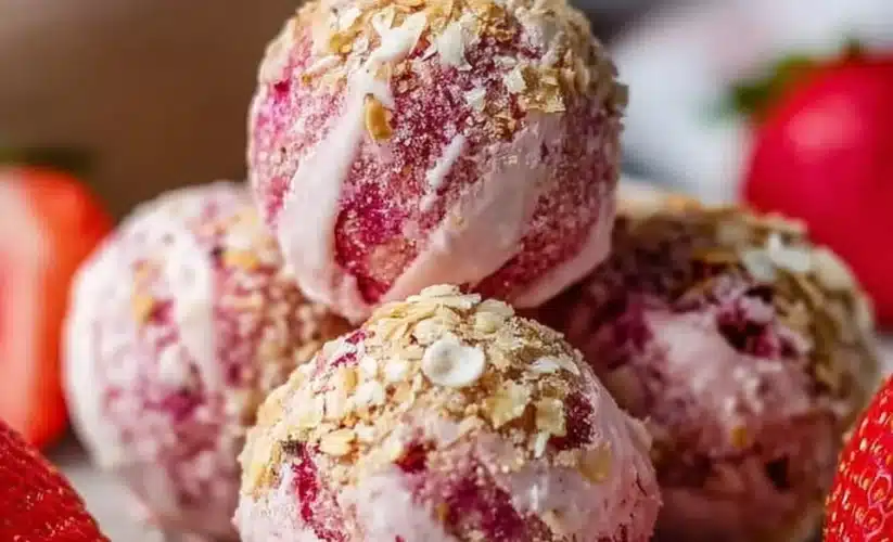 Strawberry cheesecake protein balls on a wooden background