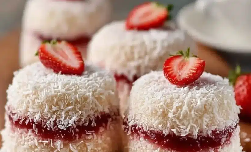 Delicious strawberry coconut sponge cakes topped with fresh strawberries and coconut flakes