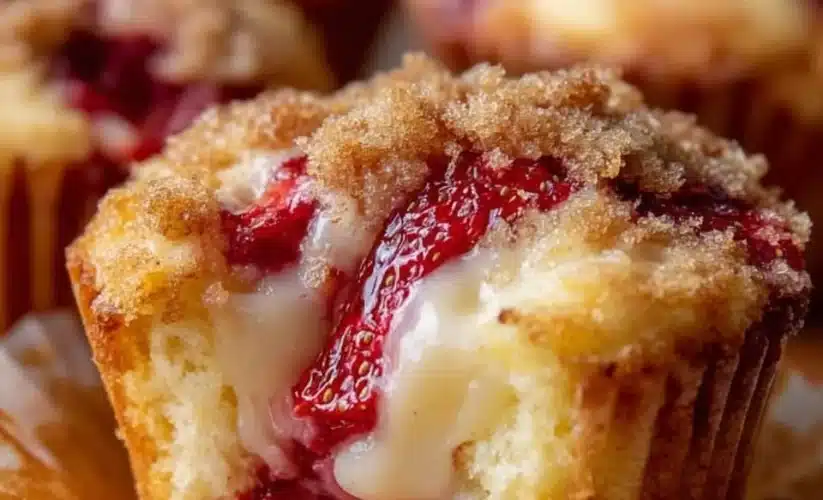 Freshly baked Strawberry Cream Cheese Muffins on a plate