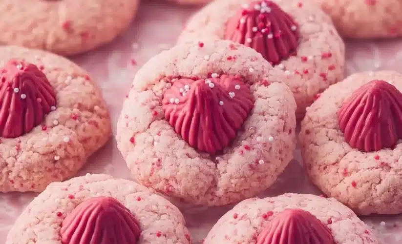 Delicious soft strawberry kiss cookies with a chocolate center for Valentine's Day.