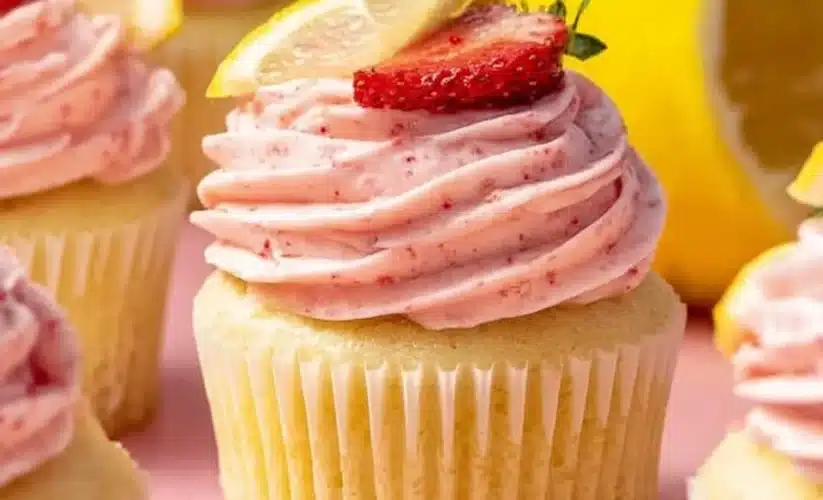 Delicious strawberry lemonade cupcakes with frosting and fresh strawberries on top.
