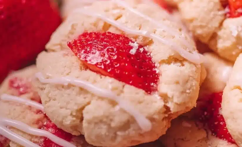 Delicious strawberry shortcake cookies on a plate with fresh strawberries