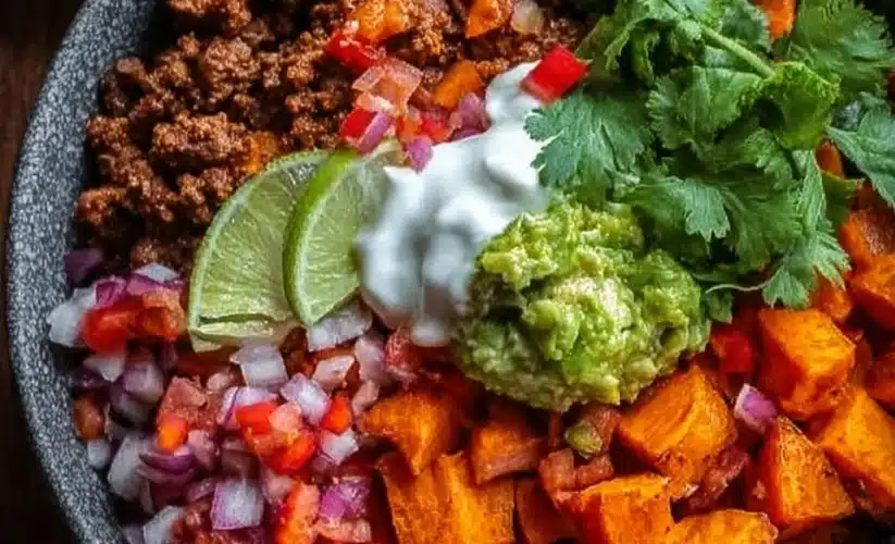 Colorful sweet potato taco bowl topped with fresh ingredients and spices.