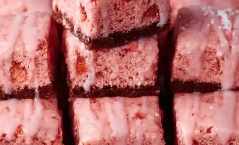 Delicious strawberry brownies made with a cake mix for an easy dessert