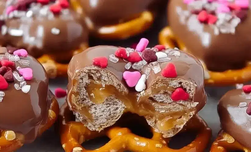 Delicious Valentine's Day Caramel Pretzel Bites served on a festive plate