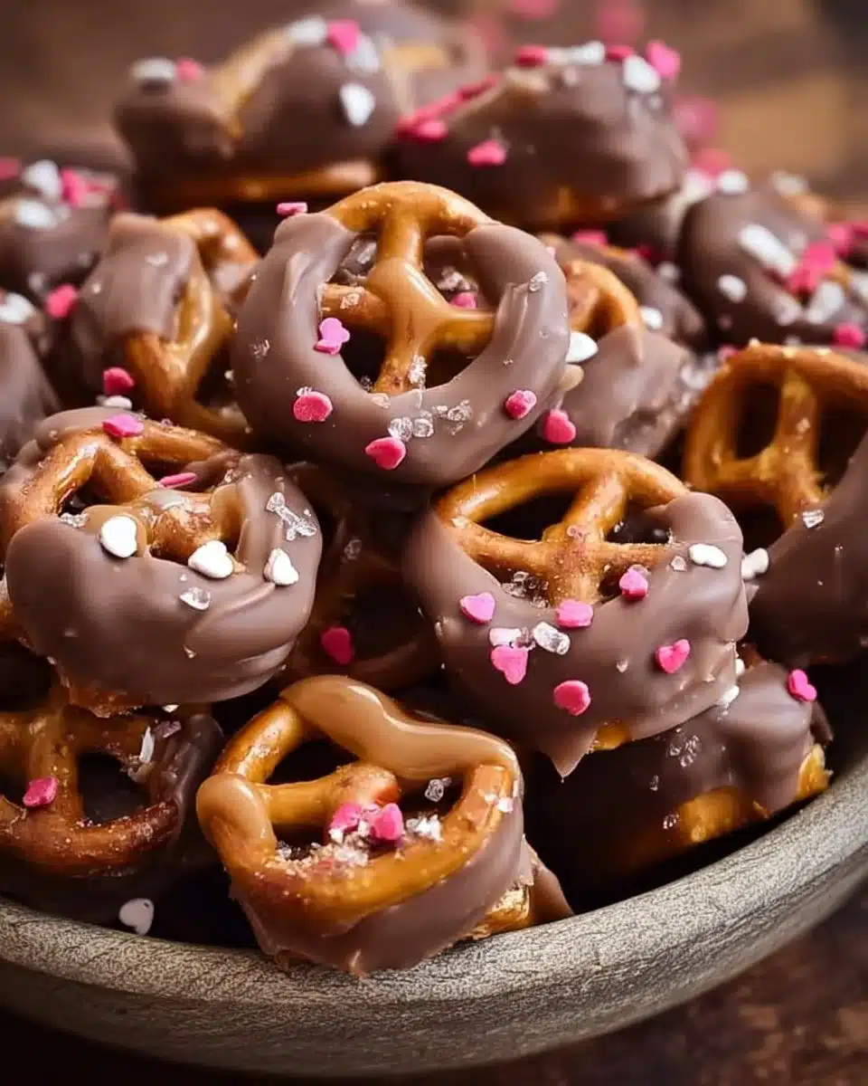 Valentine's Day Caramel Pretzel Bites are the perfect festive treat with pretzels, Rolo can…