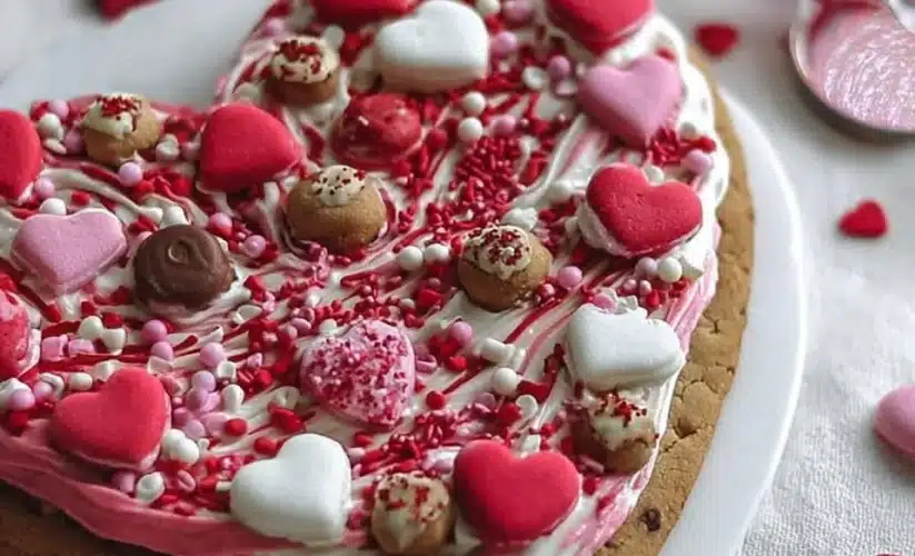 Delicious Valentine's Day cookie cake decorated with heart-shaped sprinkles