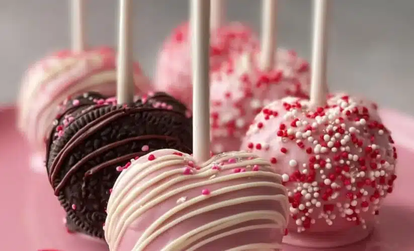 Valentine's Day themed Oreo Pops decorated with hearts and sprinkles