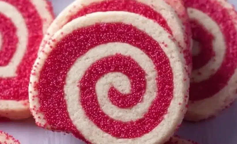 Valentine's Day Swirl Cookies with pink and red swirls on a white plate
