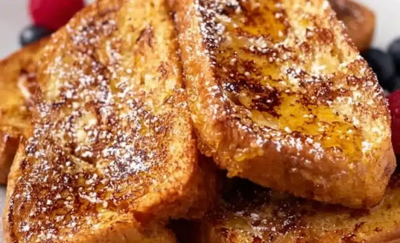 Plate of delicious Vegan French Toast topped with fresh fruits and maple syrup